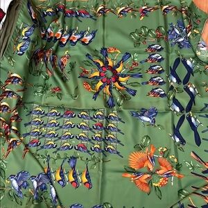 Colorful Bird Scarf Cornucopia of Birds Green Background 33"x34" Talbots